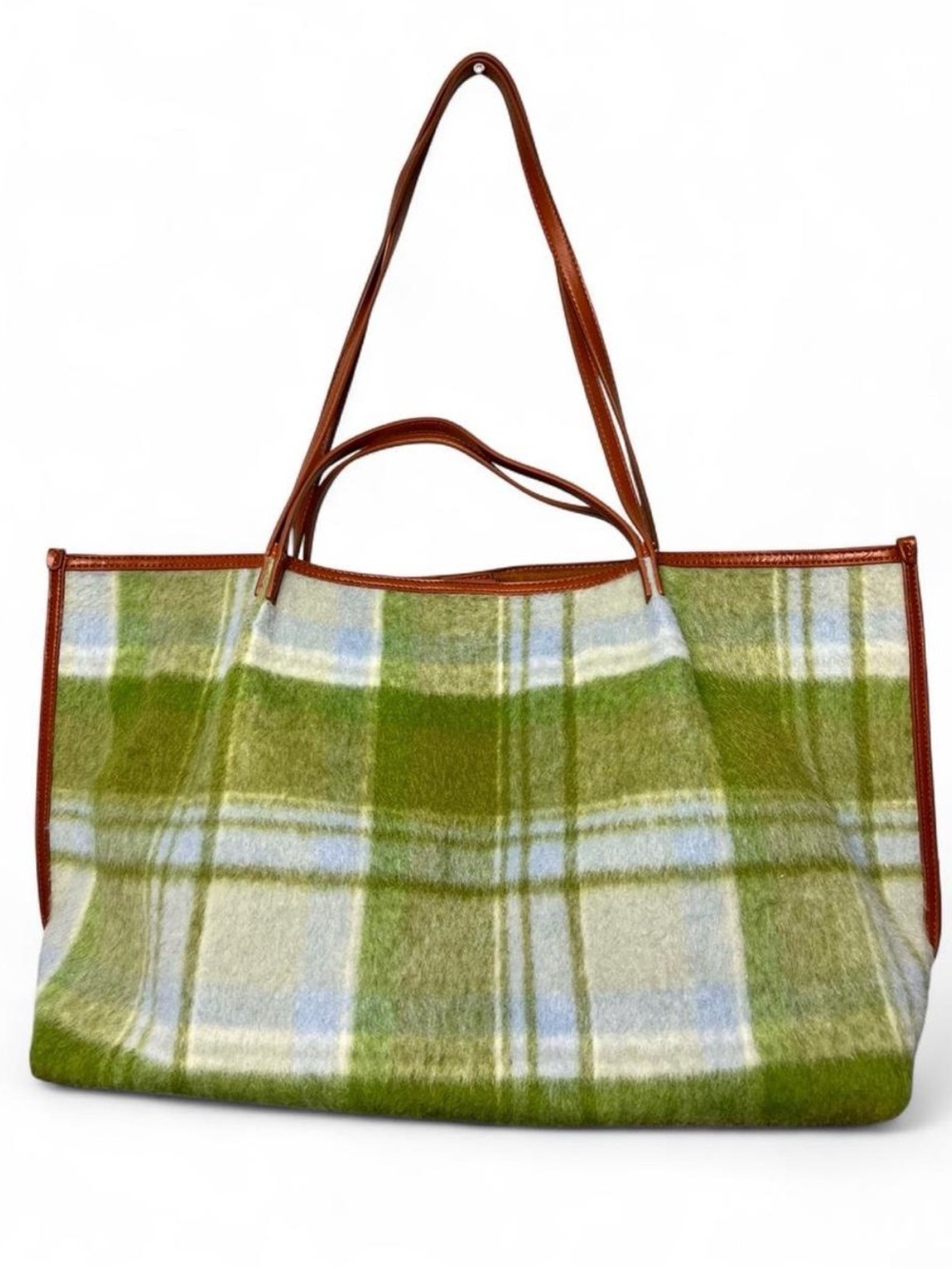 Universal Thread Green Plaid Tote with Brown Trim